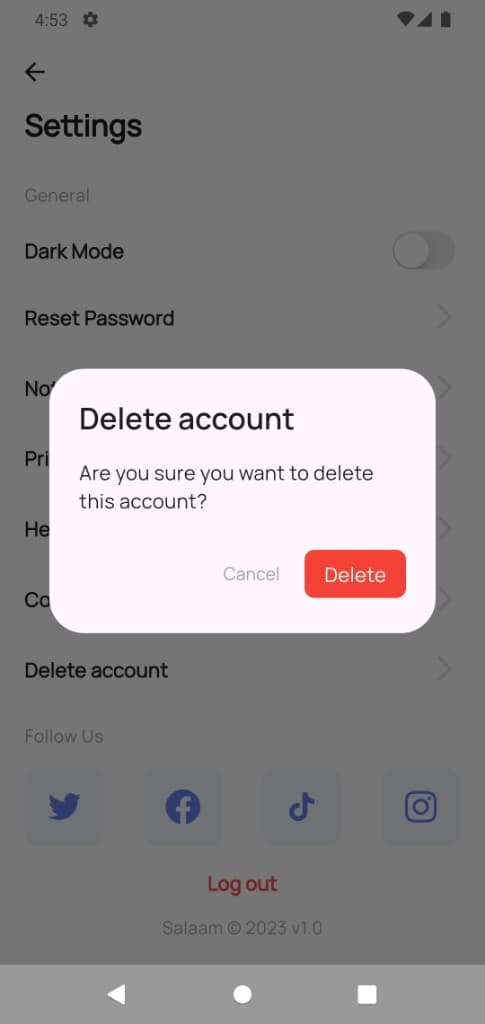 Account options screen showing Delete account